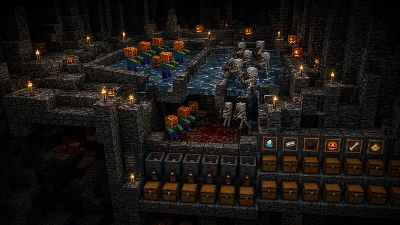 Mob grinder pushing pumpkin-head zombies and skeletons into a kill chamber with a chest item sorter
