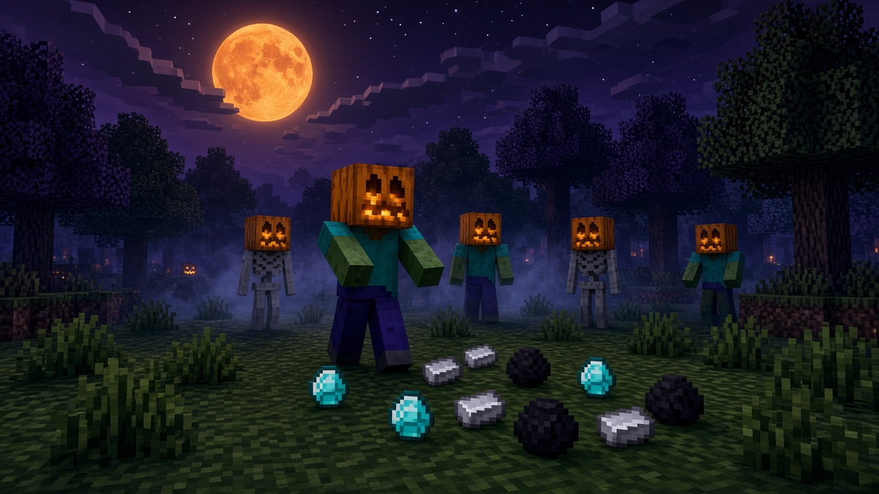 Minecraft zombies and skeletons wearing jack-o'-lanterns at night with diamonds, iron and coal on the grass