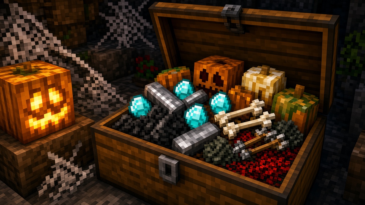 Chest full of Halloween mob loot: pumpkins, diamonds, iron, coal, bones, gunpowder