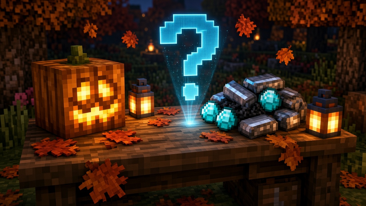 Autumn trading desk with carved pumpkin, diamonds, iron and coal beside a glowing question-mark hologram — mood illustration, not live UI