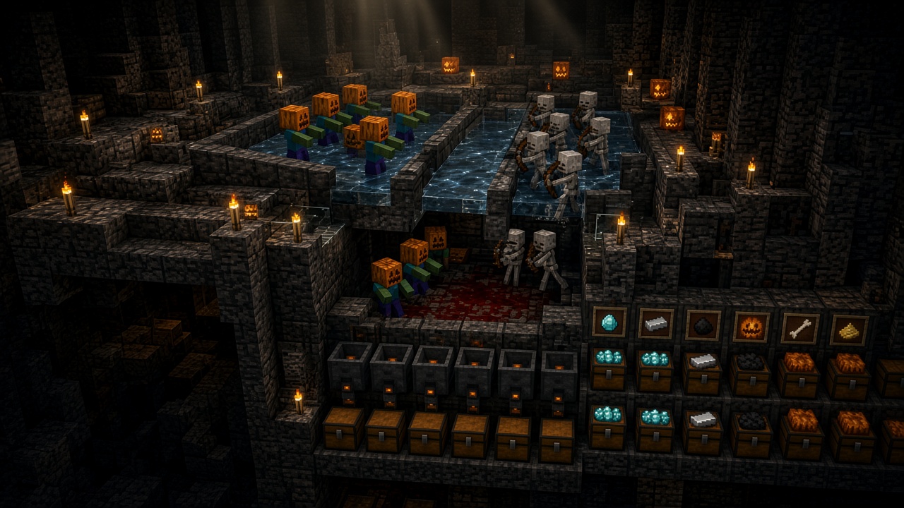 Dark-room mob grinder with pumpkin-head zombies and skeletons flowing into a kill chamber and chest sorter — mood illustration, not live UI
