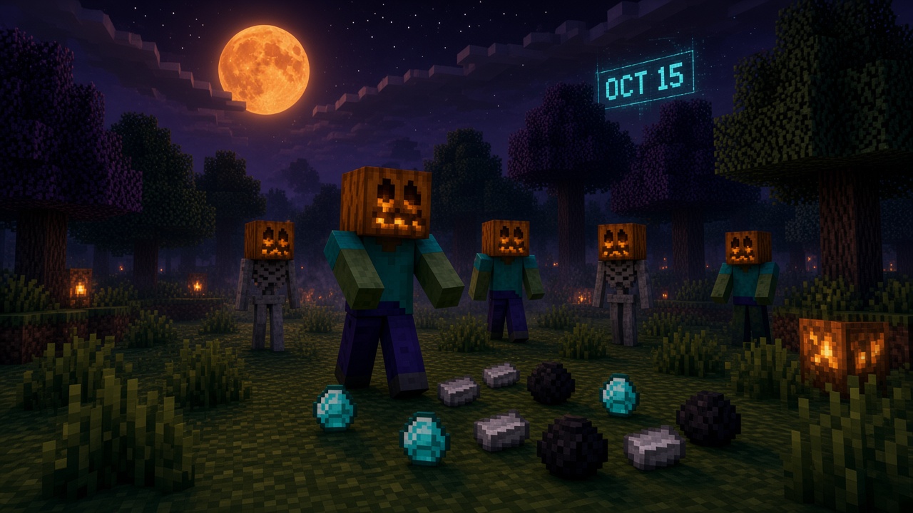 Pumpkin-head zombies and skeletons at night with diamonds, iron and coal under an OCT 15 hologram — mood illustration, not live UI