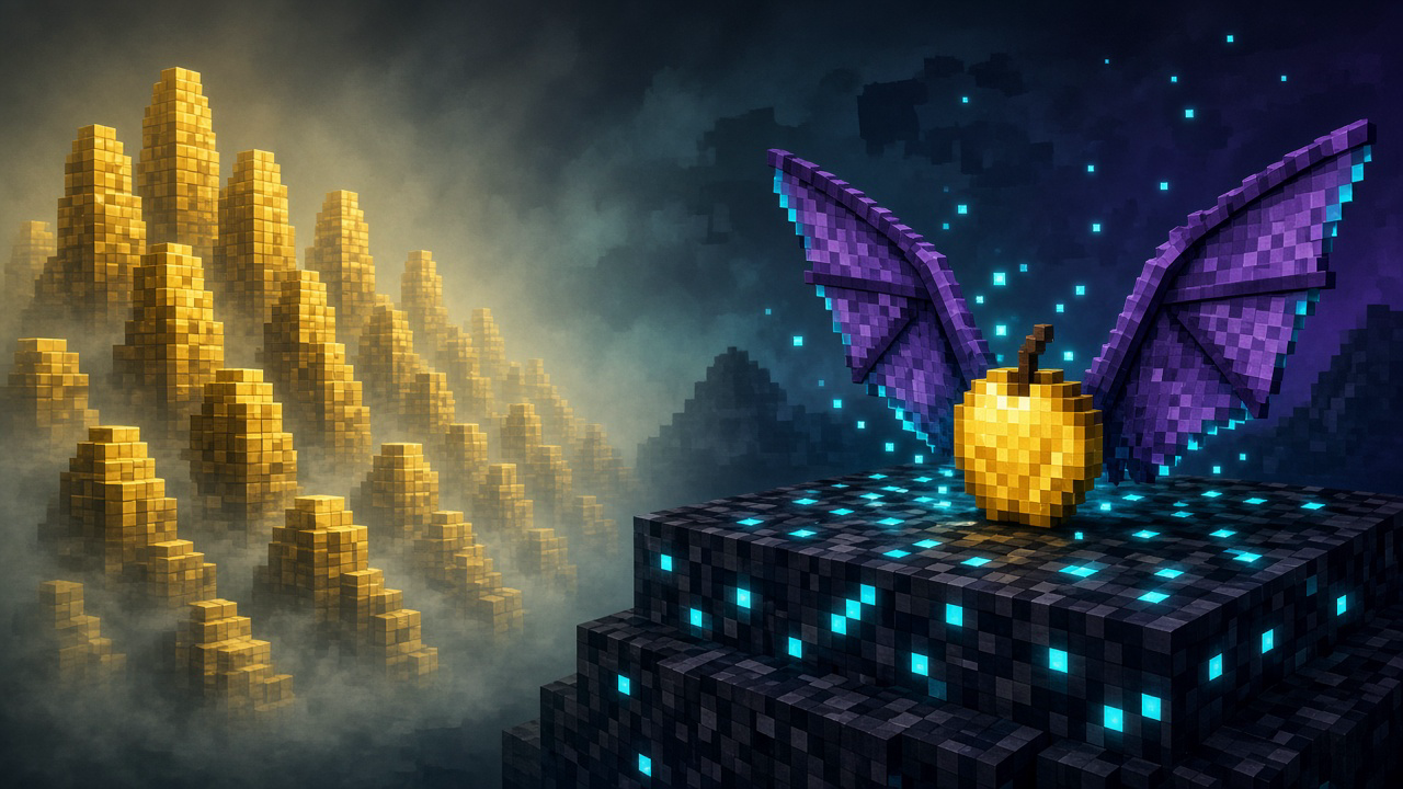 Winged golden apple on a glowing platform versus misty gold stacks — liquid Money vs hard-asset mood illustration