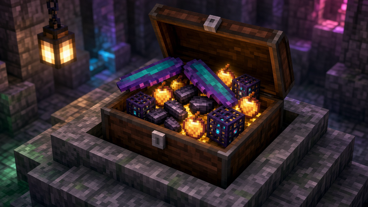 Open chest with elytra, enchanted golden apples, spawner cages, and netherite-like bars — mood illustration, not live inventory