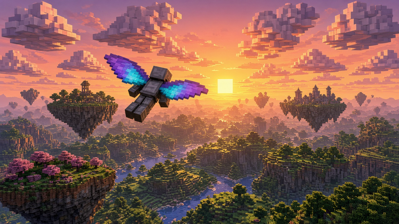 Minecraft-style figure gliding on cyan and purple elytra over sunset floating islands — mood illustration, not live UI