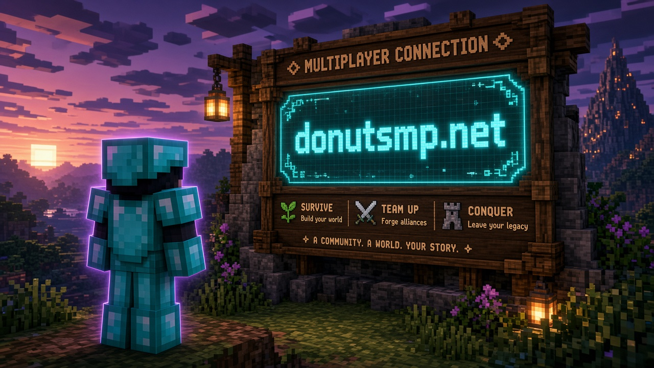 Armored Minecraft player beside a glowing donutsmp.net multiplayer board at dusk — mood illustration, not live UI