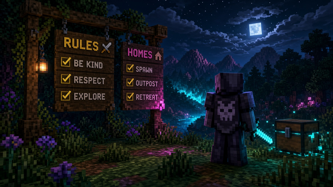 Night-time wooden rules and homes boards beside a small chest — mood illustration, not live UI