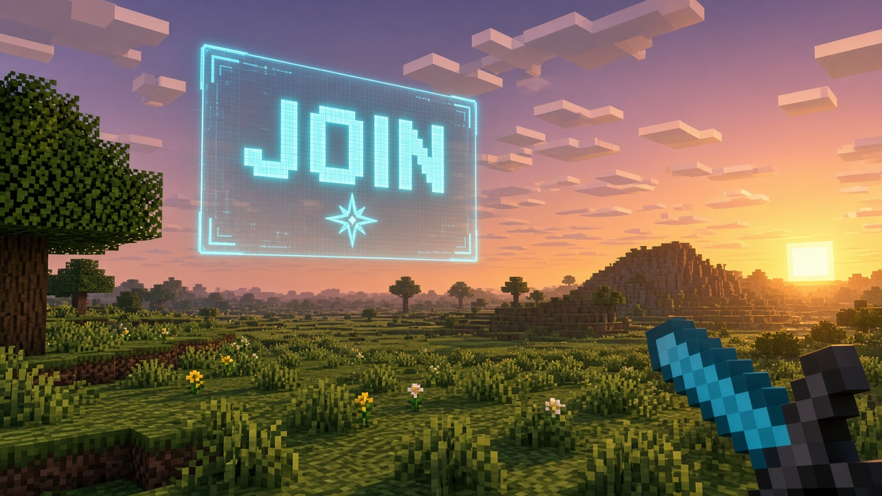 First-person Minecraft plains at sunset with a glowing JOIN hologram — mood illustration, not live UI