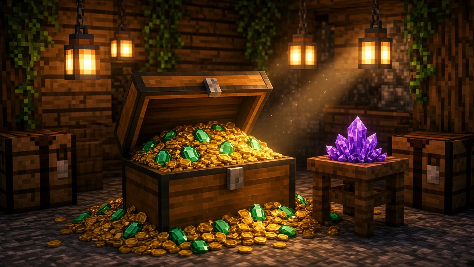 Open chest overflowing with gold coins and green gems, with purple crystals on a side table in a lantern-lit room. Mood illustration, not live UI.