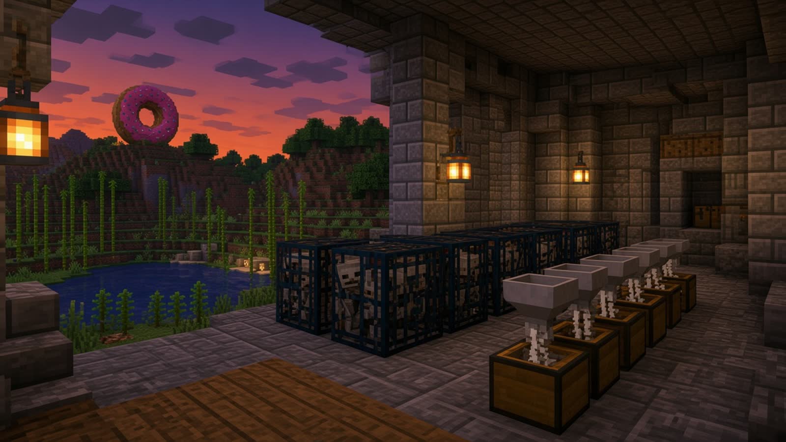Blocky stone farm at dusk with skeleton spawners, hoppers feeding chests of bones, bamboo by a pond, and a giant pink donut on a far hill. Mood illustration, not a live base.