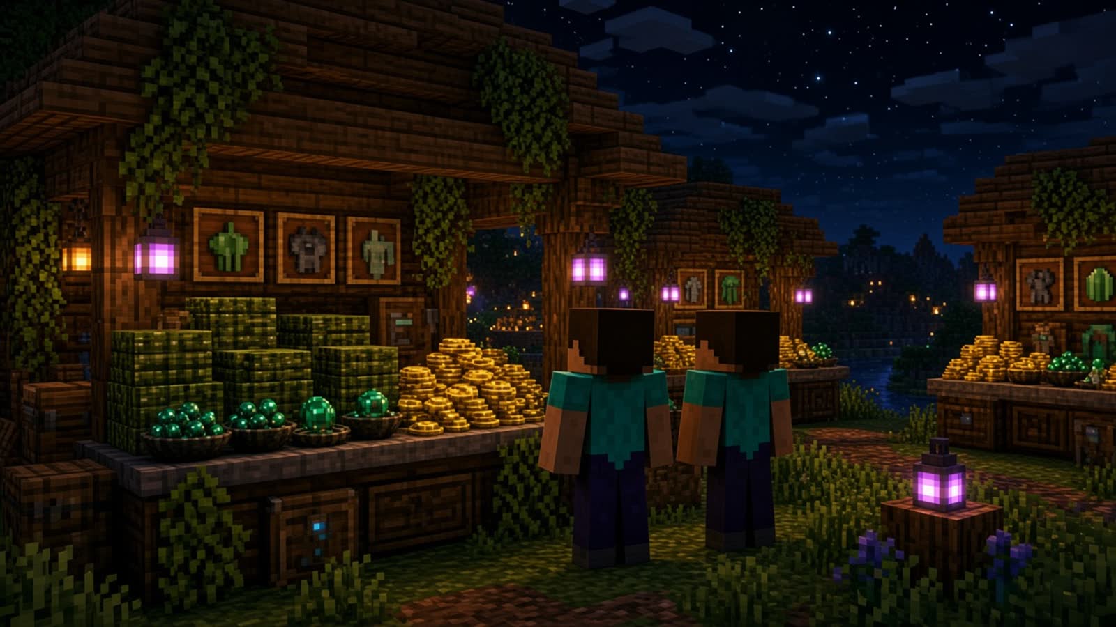 Night market of wooden stalls with item frames, gold coin piles, and two blocky players seen from behind. Mood illustration, not live UI.