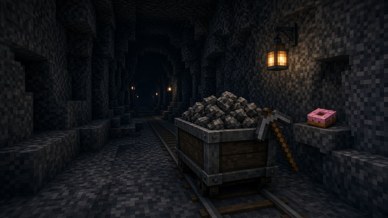 Underground cobbled deepslate tunnel with a minecart of gray blocks, a pickaxe, and a wall lantern. Mood illustration, not a live mine.
