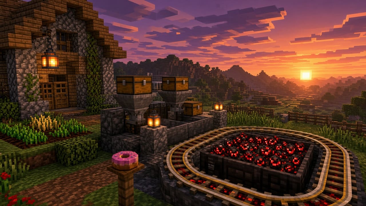 Blocky survival farm at sunset with hoppers, chests, a loop of powered rails, and red spider-eye items in a collection trough. A pink donut sits on a wooden post. Mood illustration, not a live screenshot.