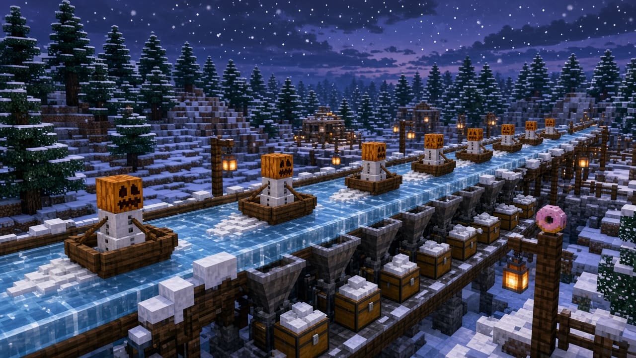 Blocky snow golems in boats on an ice track at night, with hoppers and chests collecting snow under lantern light and spruce trees. Mood illustration, not a live base.