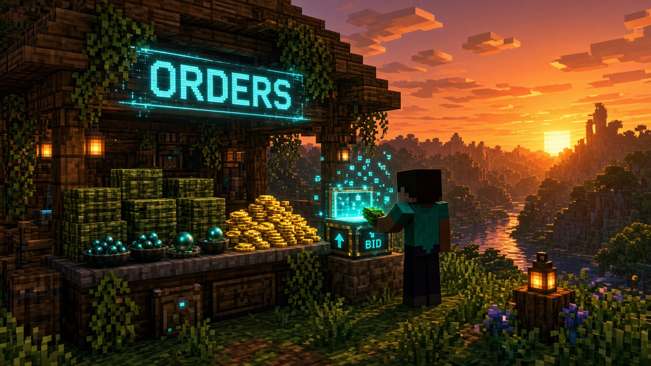Minecraft ORDERS market stall at sunset with gold coins and ender pearls — mood illustration, not live UI