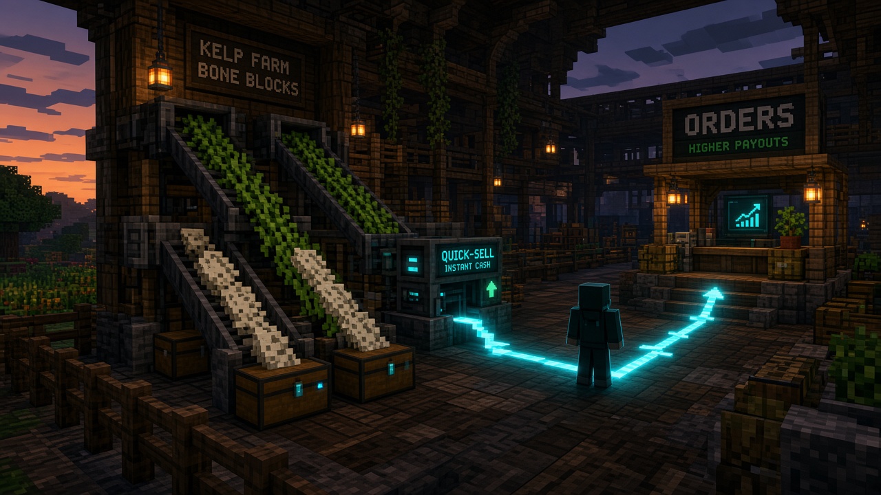 Minecraft kelp and bone-block farm with a glowing path toward a quick-sell and orders stall — mood illustration, not live UI