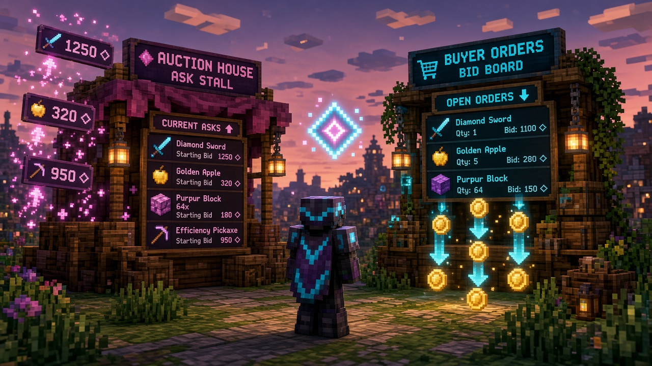 Minecraft auction-house ask stall beside a buyer orders bid board at dusk — mood illustration, not live UI