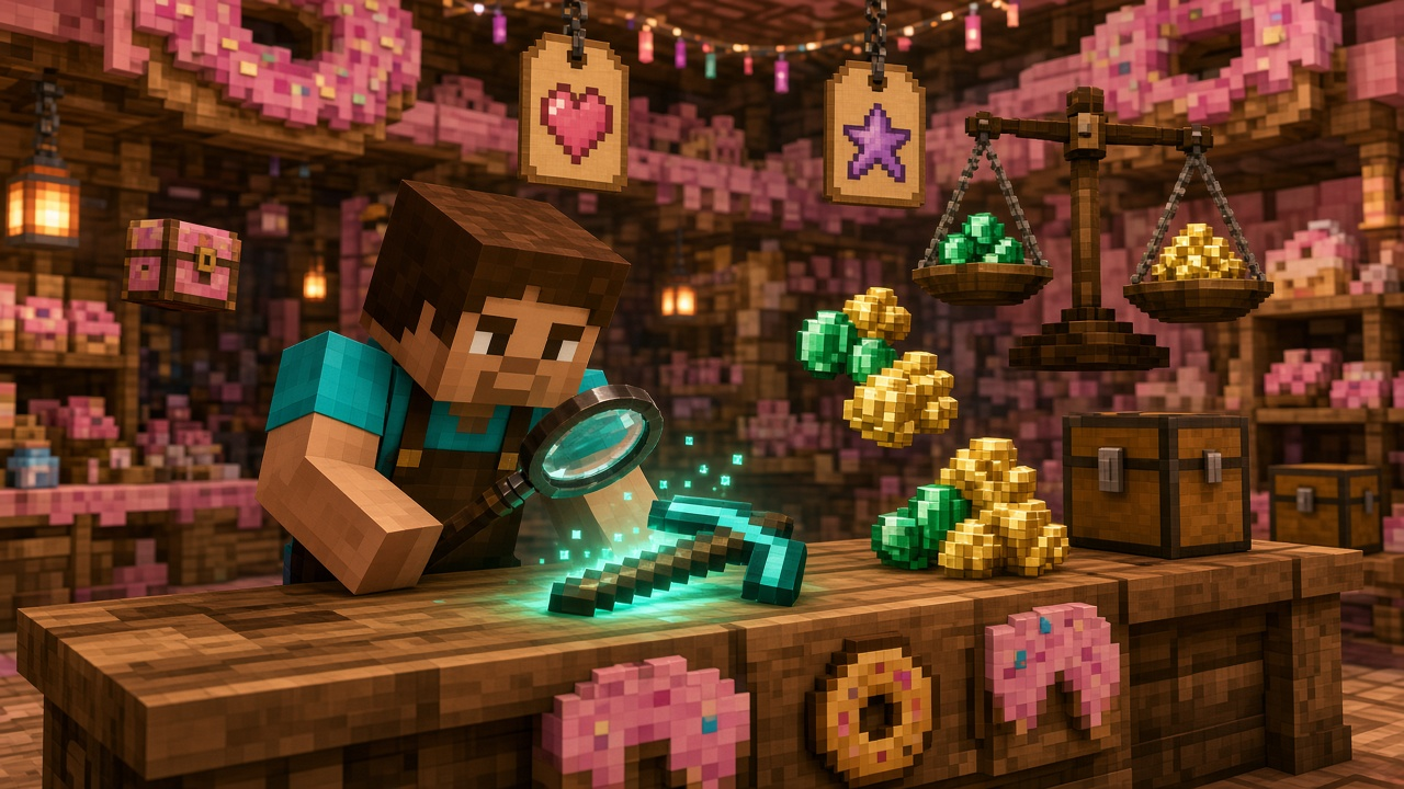 Minecraft player checking an item's value with a magnifying glass
