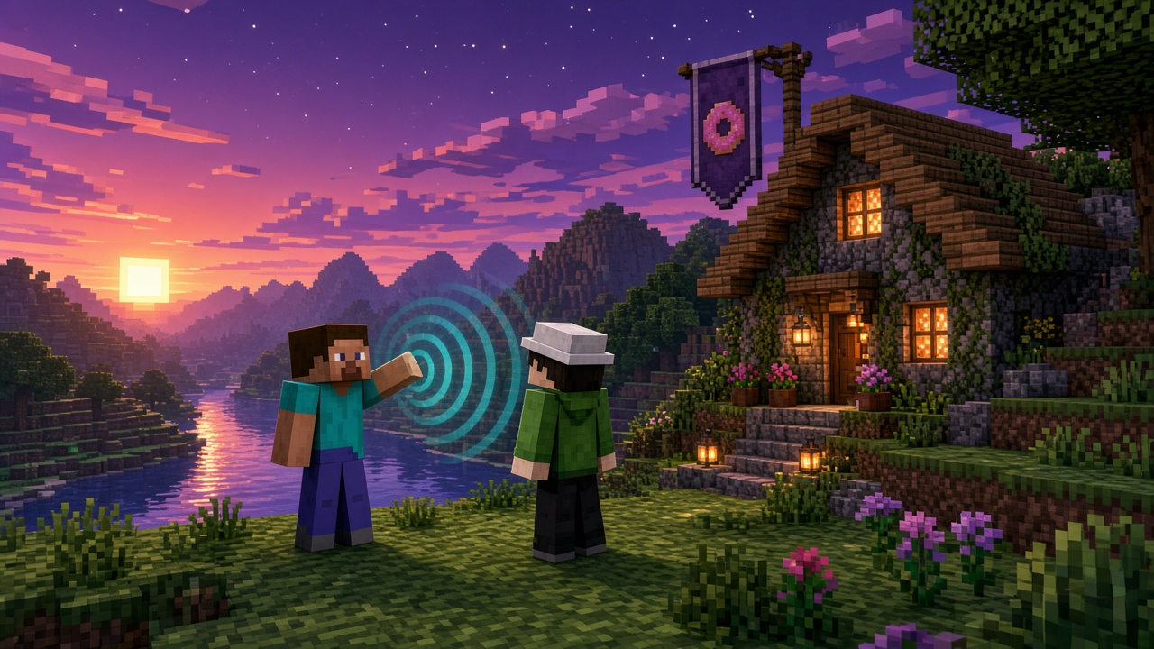 Two Minecraft players near a hillside base with soft cyan proximity voice rings — mood illustration, not live UI