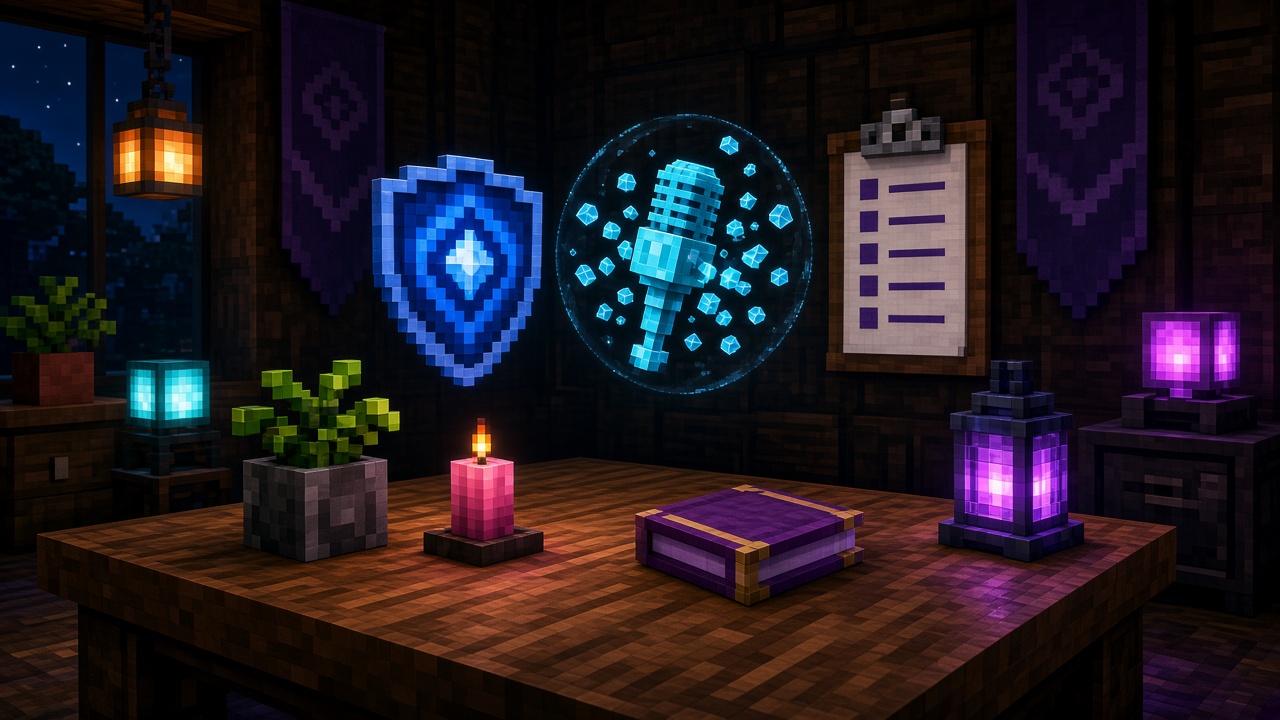Blue shield, floating cyan microphone shards, and a checklist clipboard on a wooden table — mood illustration, not live UI
