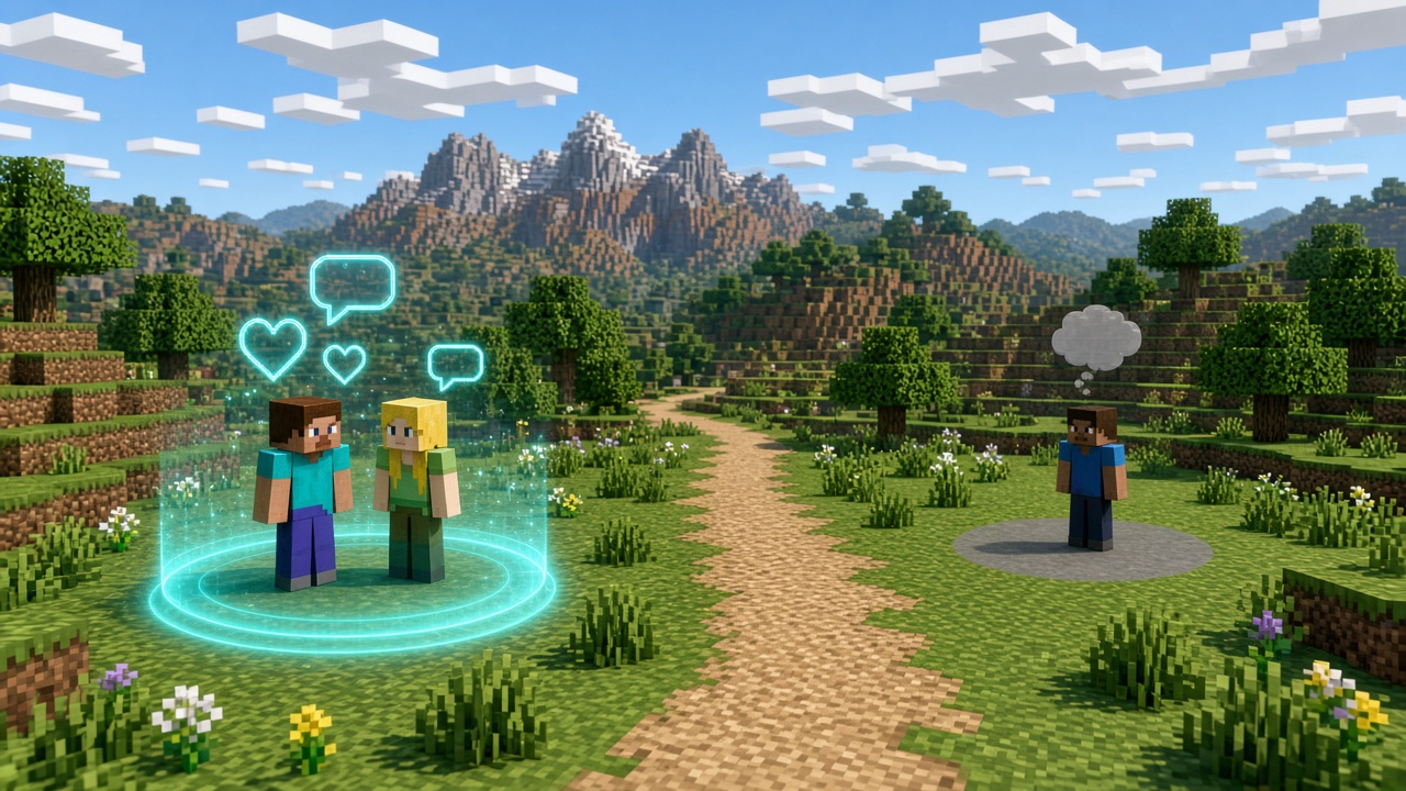 Nearby Minecraft players inside a cyan voice circle while a distant player stands outside range — mood illustration, not live UI