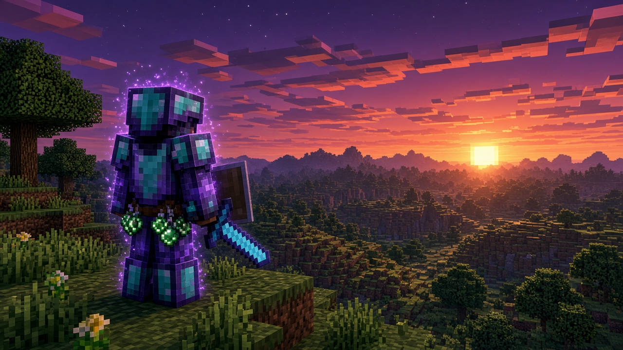 Blocky Minecraft fighter in enchanted armor at the edge of a wilderness field at dusk, sword and shield ready, ender pearls on the belt — mood illustration, not a live screenshot