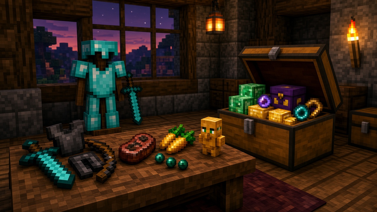 Lean combat kit on a wooden table — armor, sword, food, ender pearls and a totem — beside an open chest of valuables left safely at home — mood illustration, not live UI