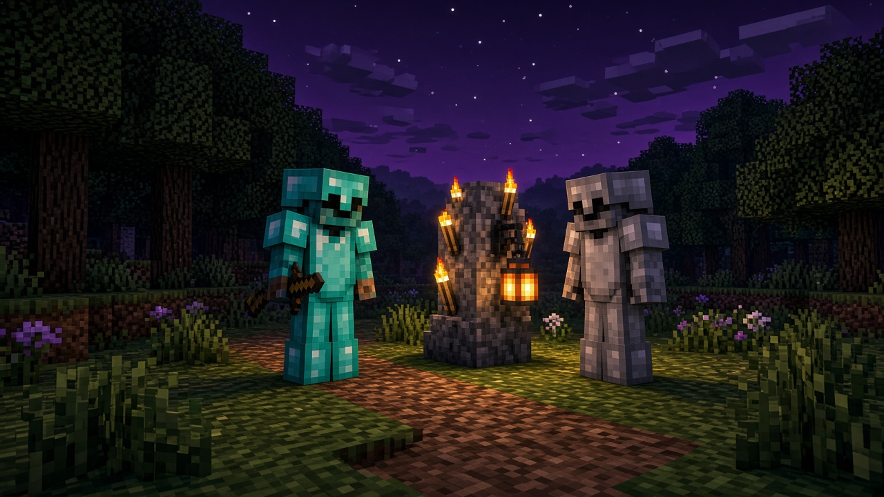 Two blocky Minecraft players meeting at a torch-lit stone waypoint in a dark wilderness forest — mood illustration, not a live screenshot