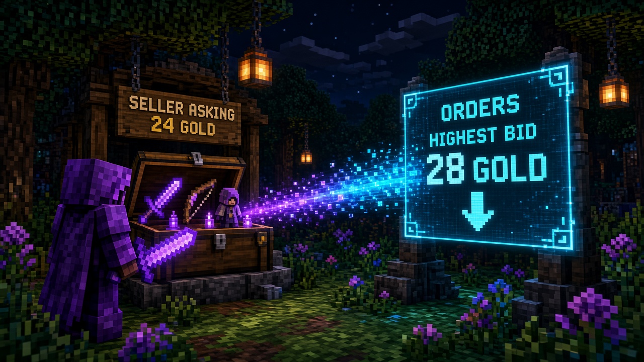 Auction House ask facing a higher Orders bid with a glowing trade beam — mood illustration, not live UI