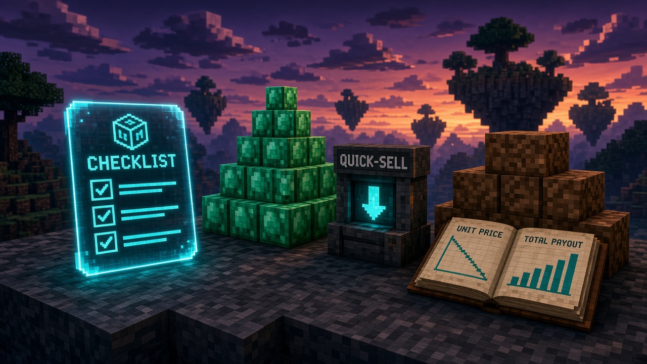 Holographic checklist, emerald stacks, and an open book comparing unit price to total payout — mood illustration, not live UI