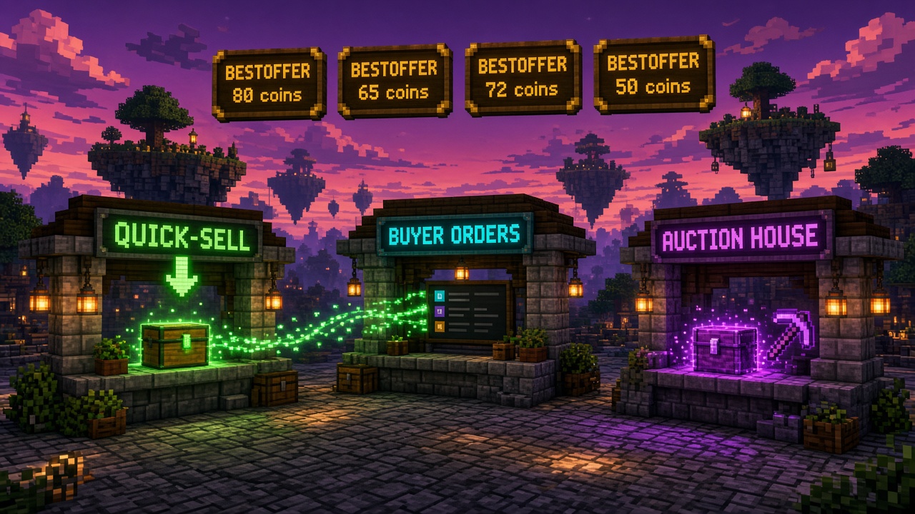 Three dusk market stalls for Quick-Sell, Buyer Orders, and Auction House with glowing route arrows — mood illustration, not live UI