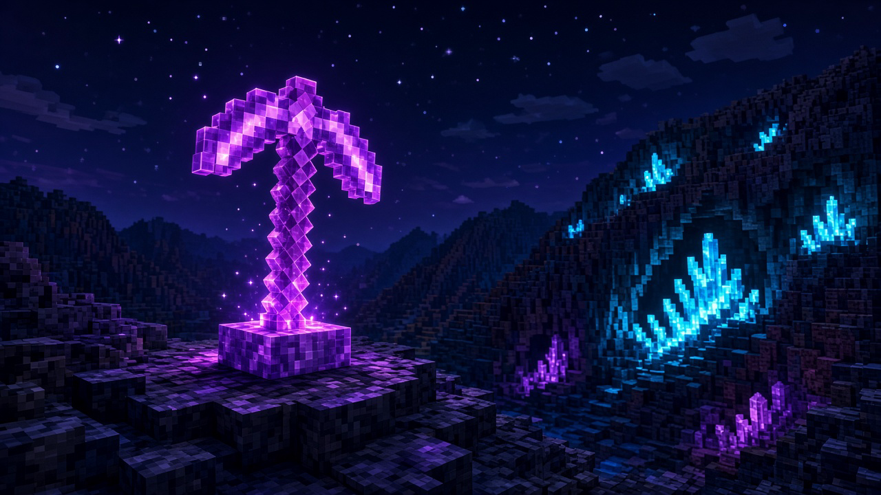 Night wilderness amethyst crystal pickaxe with cyan and magenta glow — mood illustration, not live UI