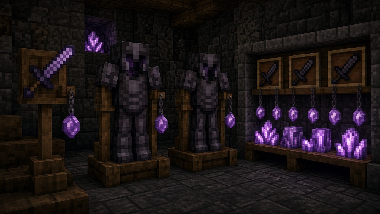 Netherite sword and dark armor on wooden display stands, with purple shard crystals hanging like price tags — mood illustration, not live UI