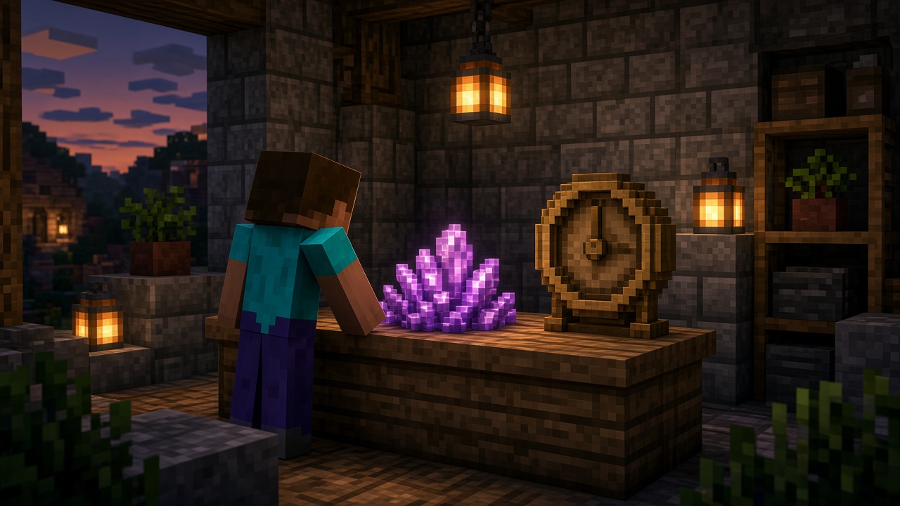 Blocky Minecraft player at a lantern-lit shop counter with glowing purple shard crystals and a wooden clock — mood illustration, not live UI