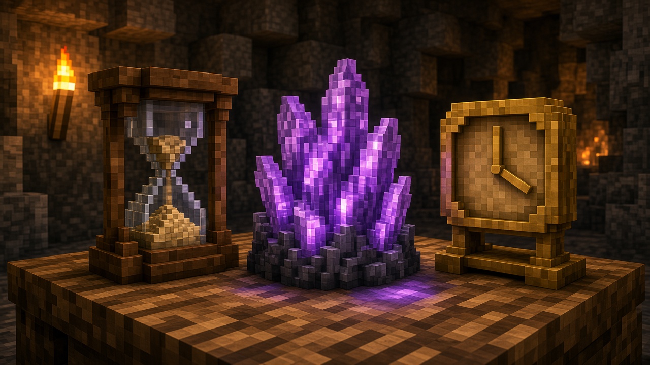 Wooden hourglass and blocky clock beside a stack of glowing purple shard crystals on an oak table — mood illustration, not live UI