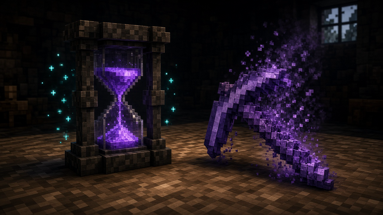 Hourglass beside a fading purple pickaxe implying a one-day self-destruct timer — mood illustration, not live UI
