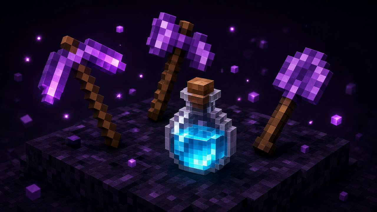 Shard tools spread — purple pickaxe, axe, shovel, and a glowing haste potion — mood illustration, not live inventory