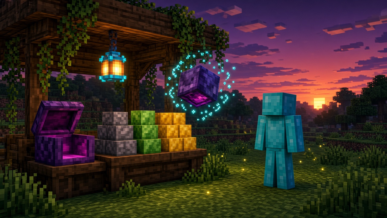 Purple shulker and returned empty shell on a Minecraft market stall at dusk — mood illustration, not live UI