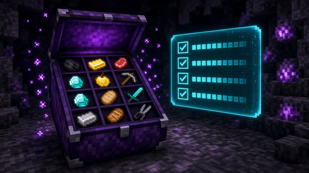 Open purple shulker with a voxel item grid beside a cyan holographic checklist — mood illustration, not live UI