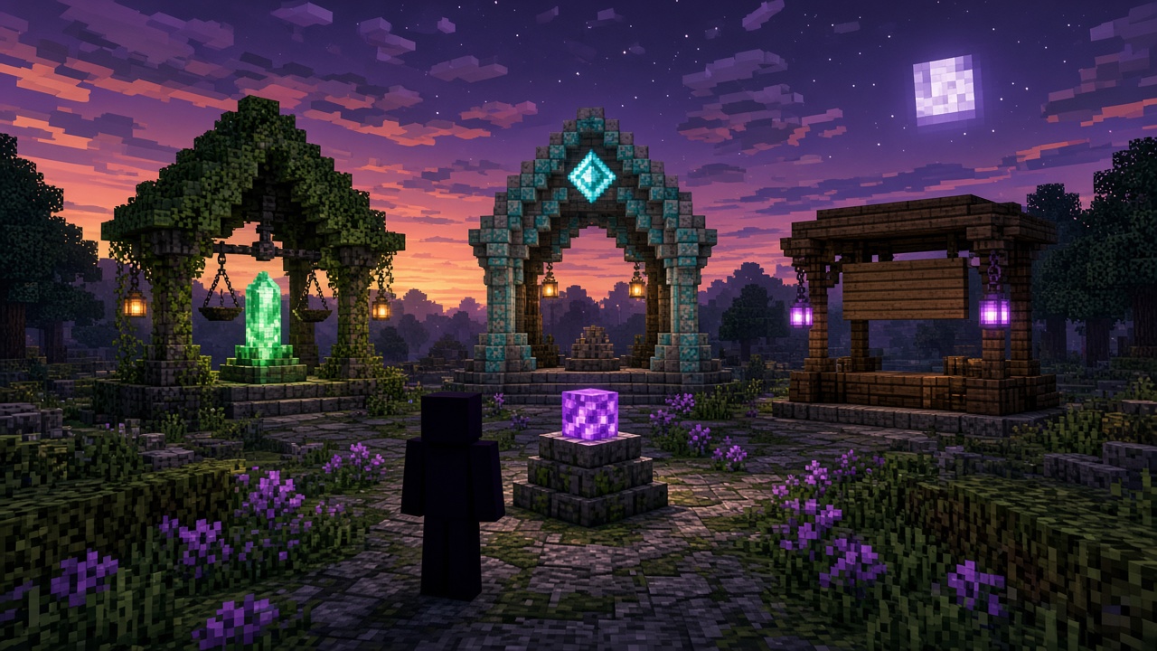 Three dusk pavilions around a glowing purple cube — /sell, Orders, and Auction House mood illustration, not live UI