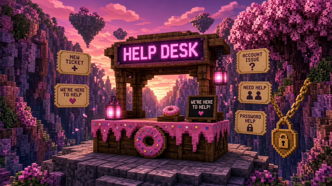 Mood illustration of a pink HELP DESK booth with floating tickets — not live UI