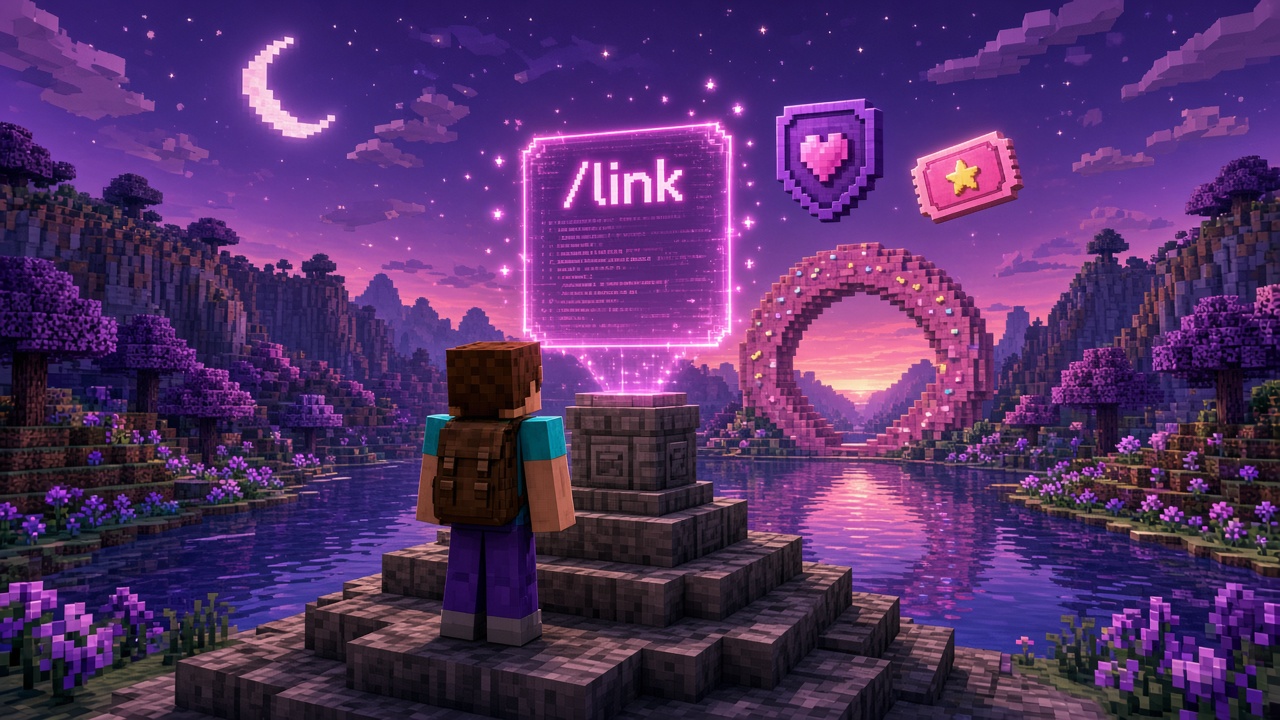 Mood illustration of a player facing a glowing /link hologram — not live UI