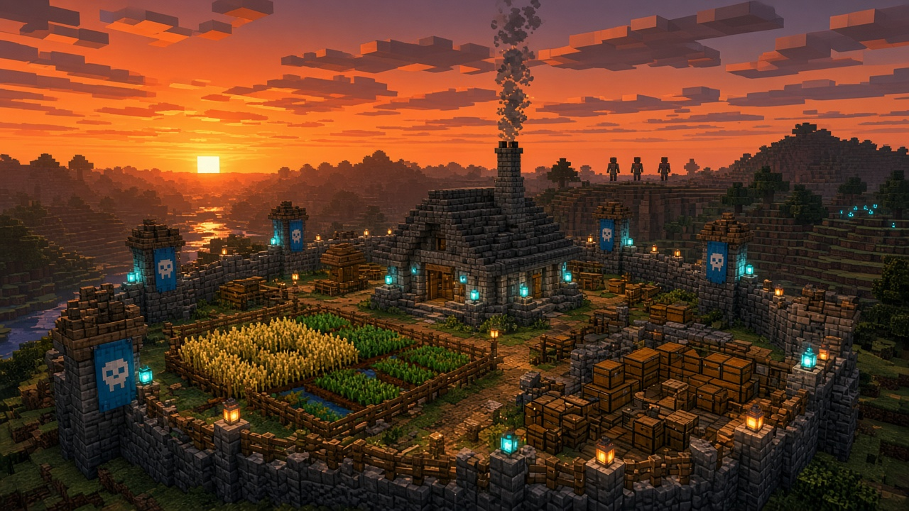 Fortified survival base at sunset with farms, chests, and distant silhouettes on a ridge — raid-risk mood illustration, not live UI