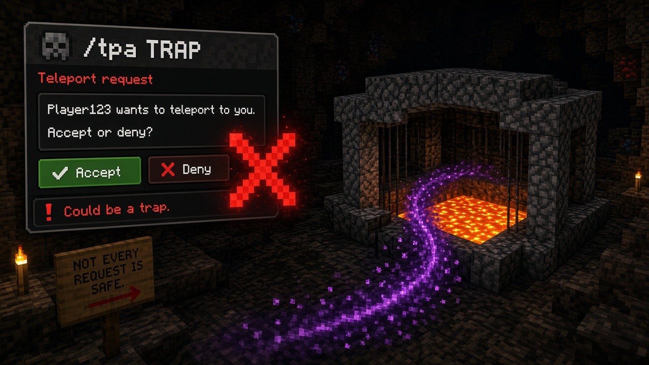 TPA trap warning mood with a lava cage, deny X, and a teleport-request panel — not a live Minecraft UI screenshot