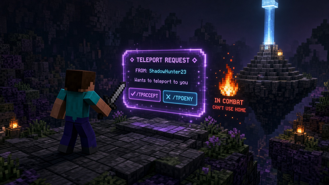 Teleport request panel with accept and /tpdeny buttons plus a combat-tag warning — mood illustration, not live UI