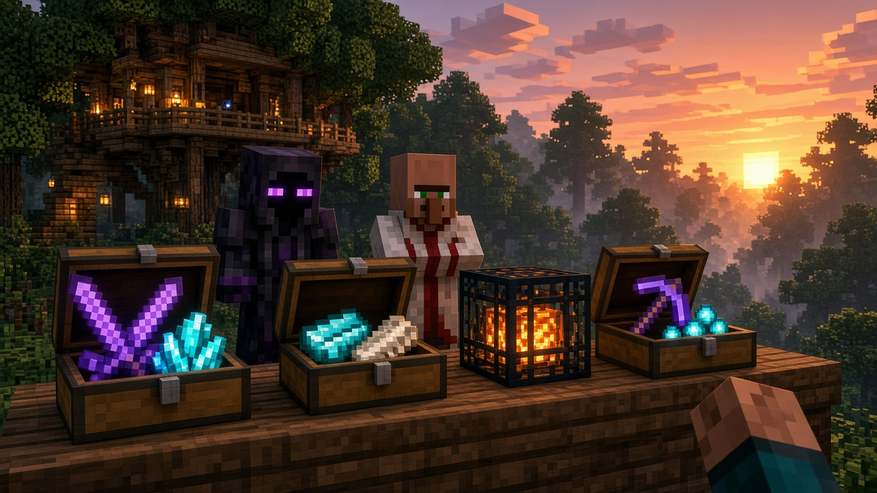 Minecraft woodland trading counter with chests of enchanted gear and a glowing spawner cage — mood illustration, not live UI