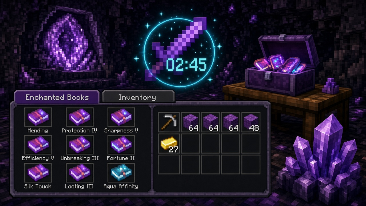 Cave scene with a timed enchanted sword, an open chest of books, and an enchant list — mood illustration, not live UI