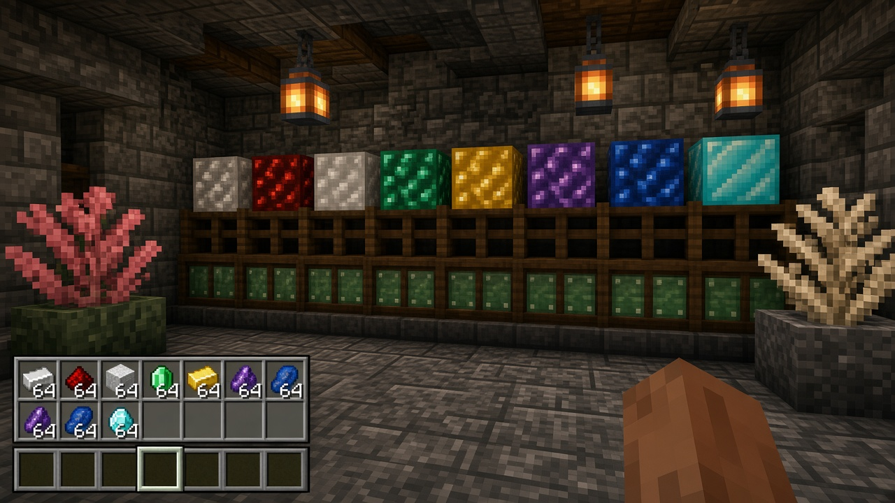 Stone shop shelves of sorted minerals with an inventory that still has empty hotbar slots — mood illustration, not live UI