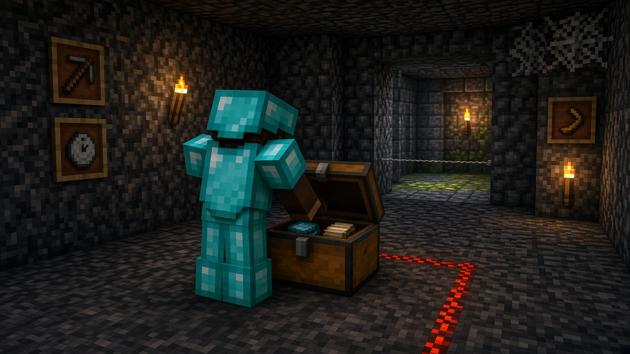 Blocky diamond-armored player seen from behind opening a chest, with redstone dust on the floor and a tripwire string across the doorway. Mood illustration, not a live screenshot.