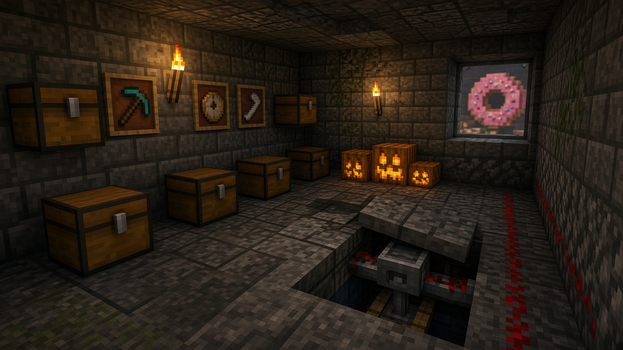 Blocky stone loot room with chests, jack-o'-lanterns, a lifted slab exposing a piston under the floor, and redstone dust along the wall. A pink donut sits outside a window. Mood illustration, not a live base.
